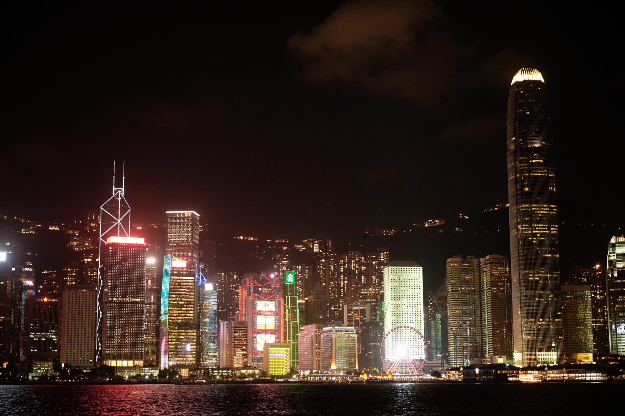 Hong Kong skyline at night seen from Tsim Sha Tsui waterfront promenade